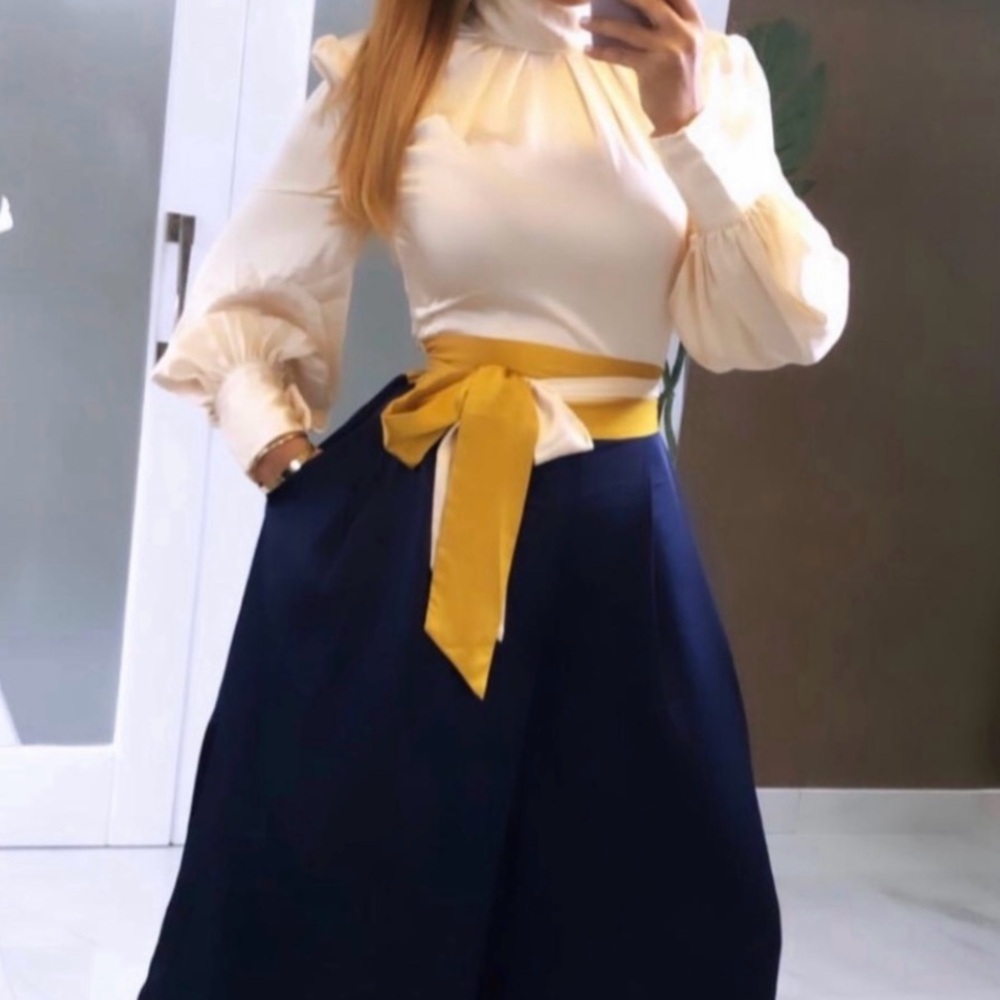 Elegant Cream Blouse with Navy Skirt and Yellow Belt